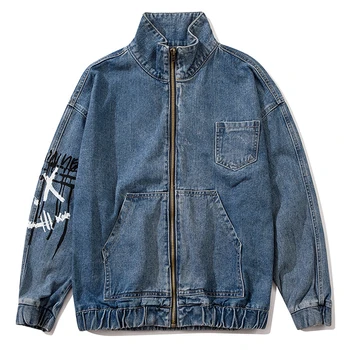 

Printed Denim Jackets Streetwear Hip Hop Big Pockets Mens Vintage Punk Rock Loose Cowboy Jeans Jacket Unisex Coats Tops Male