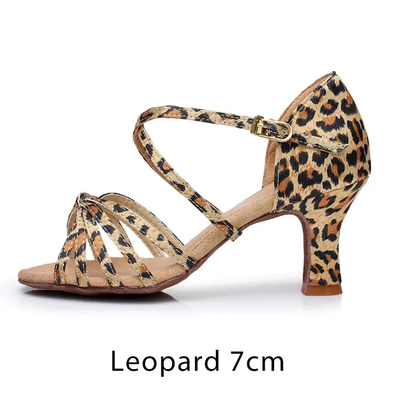 Leopard 7cm Для женщин Туфли для латинских танцев для девочек, Танцы Обувь для бальных танцев сальса обувь; комнатные тапочки; Мягкая атласная красочные женские туфли на высоком каблуке 5/7 см кроссовки - Цвет: Leopard 7cm