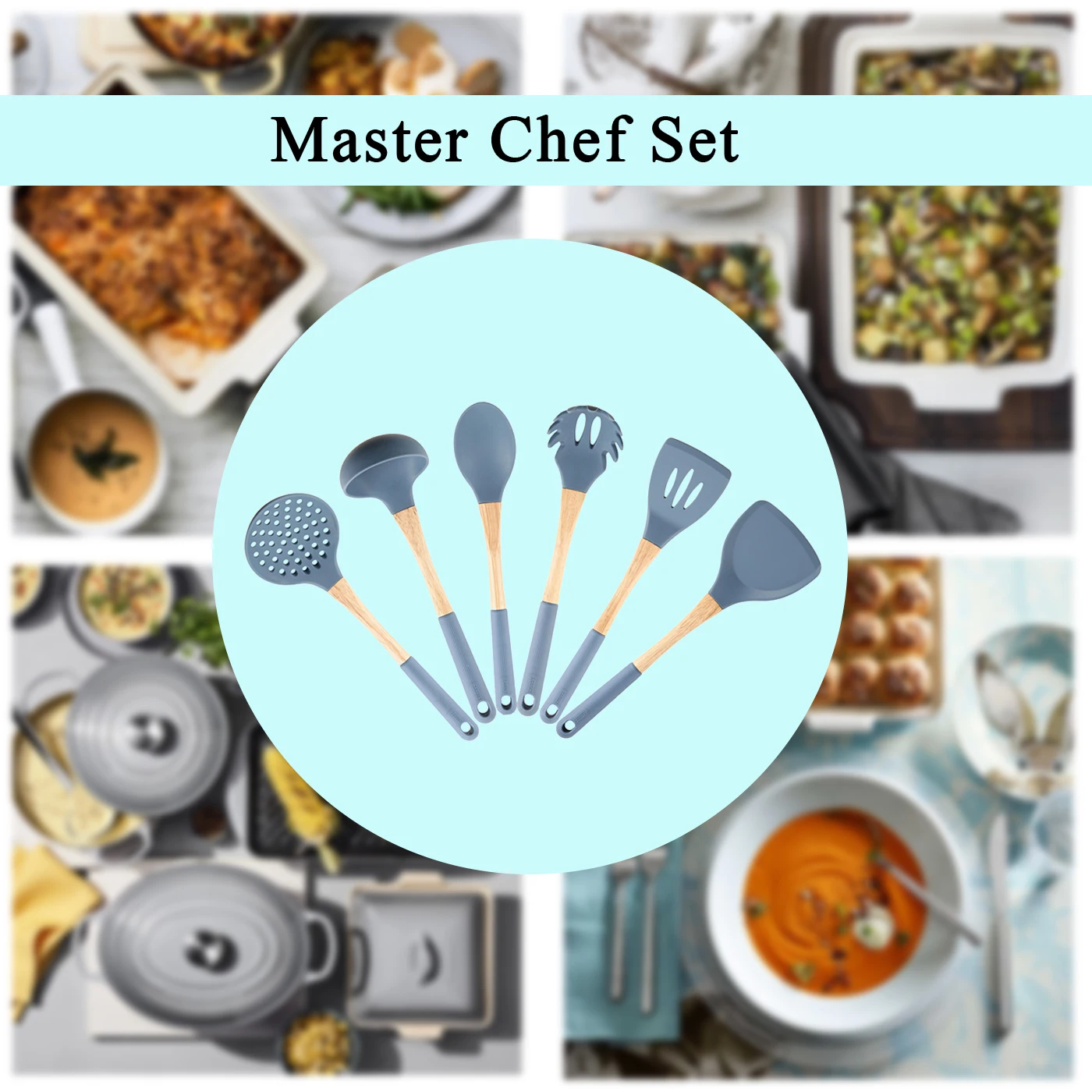 Kitchen Cooking Utensils Set Silicone Wooden Handle Spatula Flex Turner Spoon Ladle Pasta Fork Non-stick Cookware