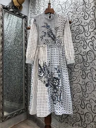 Vestido de algodón 100% para mujer, moda de otoño, cuello levantado, estampado de lunares, volantes, Patchwork, manga larga, longitud media pantorrilla, 2020