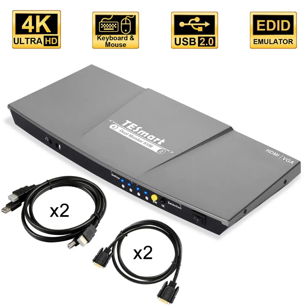 HDMI KVM переключатель двойной монитор 4 порта (2 HDMI и 2 VGA) вход 2 порта (HDMI) выход KVM переключатель HDMI 4K @ 30 Гц kvm-кабель и VGA кабель