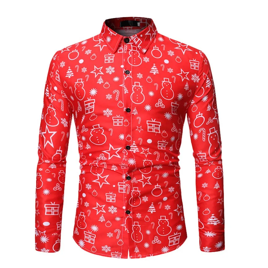 Camisa Masculina Manga Longa Camisa Masculina Рождественская рубашка блуза мужская повседневная тема рубашка на пуговицах Топ Блузки - Цвет: Red