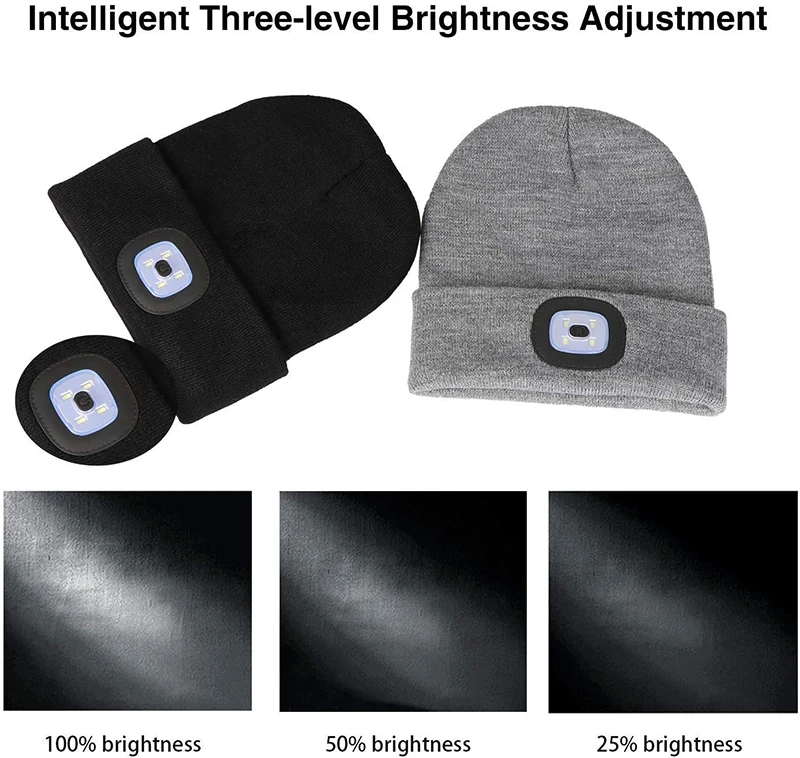 Cappello a cuffia a LED con luce Cappelli per lampada ricaricabile USB unisex Cappello per lampada frontale a mani libere Torcia per cappello con luce notturna lavorata a maglia invernale