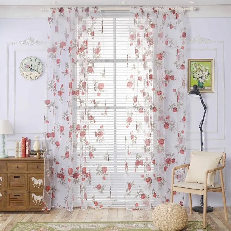 

Sheer Voile Tulle Window Tulle Curtains Bedroom Living Room Balcony Flowers Printed Tulip Sun-shading Translucent Curtain