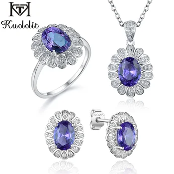 

Kuololit London blue Gemstone Luxury Jewelry Set for Women Real 925 Sterling Silver Emerald sapphire morganite Ring Earrings