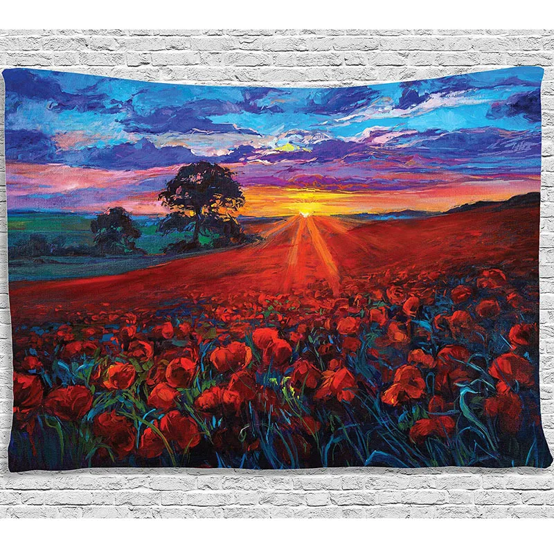 Wall Tapestry Кантри гобелен, пейзаж мака цветник сад на долине с горизонтом сказочные облака на закате краски, широкий настенный - Цвет: Wall Tapestry