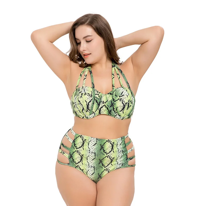 

Plus Size Swimwear Women Snake Skin Print Tankini Sexy Bikini Set Push Up Two Pieces Halter Bandage Hollow Backless Swimsuit