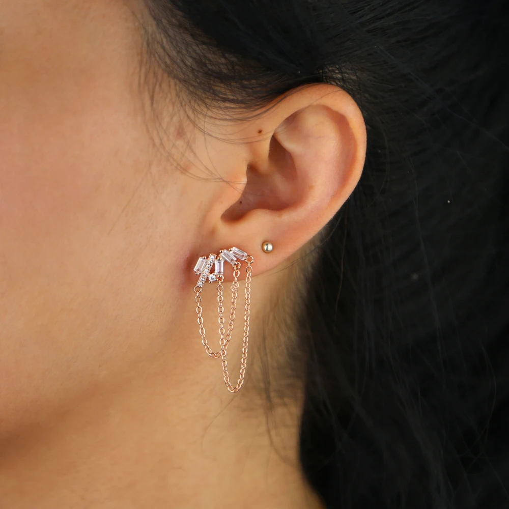 Rose gold color white square cz chain earrings for women pink long tassle earrings fringe jewelry gift