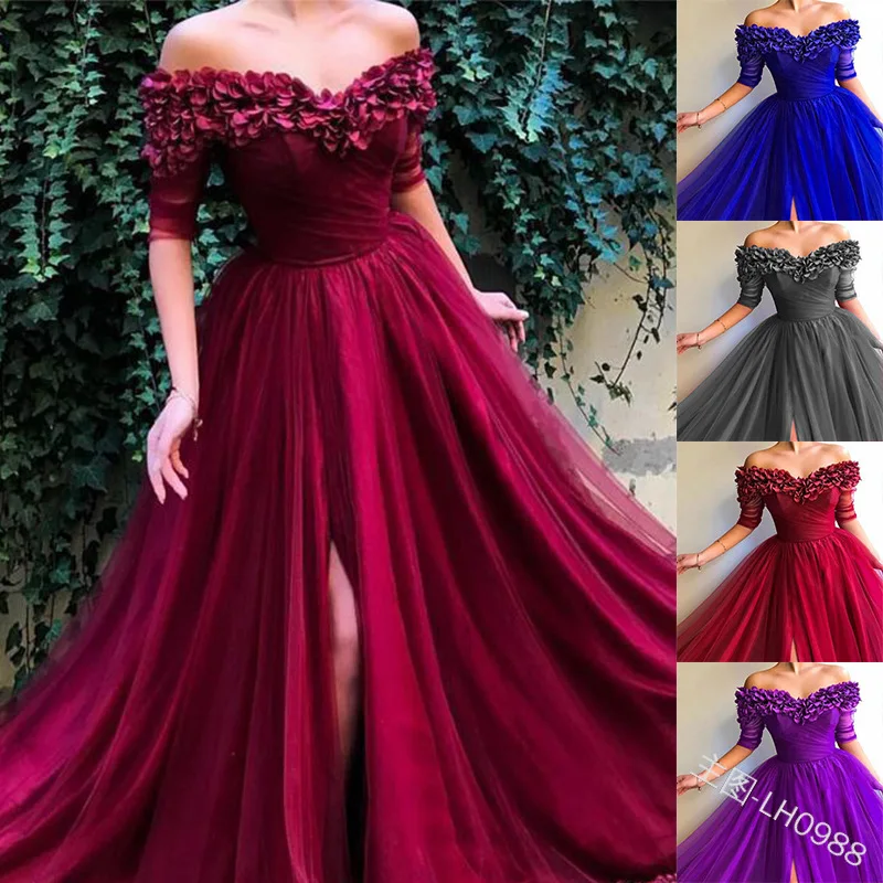 

2019 Solid Color Elegant Lace Off Shoulder Depth V Neck Evening Dresses Mid Sleeves A Line Women Formal Party Dress
