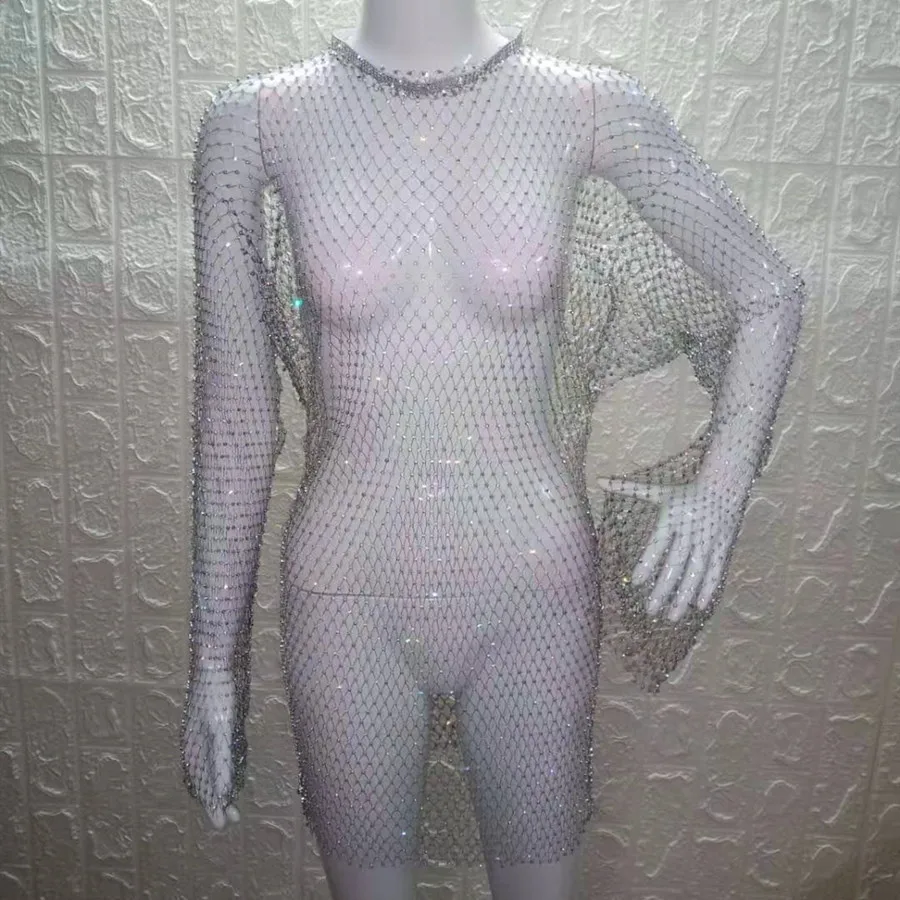 VIKINII Long Sleeve Hollow Summer Beach Crystal Dress 2020 Sexy Women Cover Ups Rhinestone Dresses Gold Beach Female Cover Ups