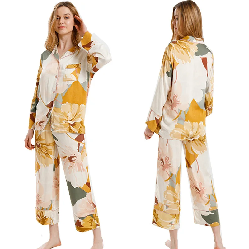 Горячая Летняя Пижама для женщин с длинными рукавами брюки 2 шт пижамные наборы ледяной атласный Шелковый цветочный принт Повседневная Женская домашняя одежда