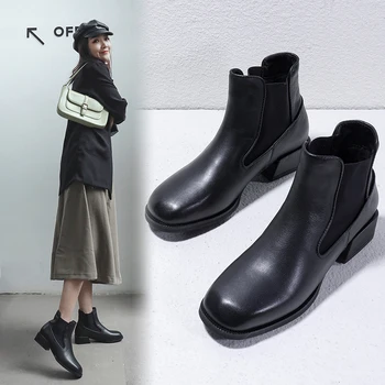 

Fashion Genuine Leather Ankle Boots woman autumn Winter 4cm med Heels Party Night Club Shoes Woman Chelsea Boots size 41 42