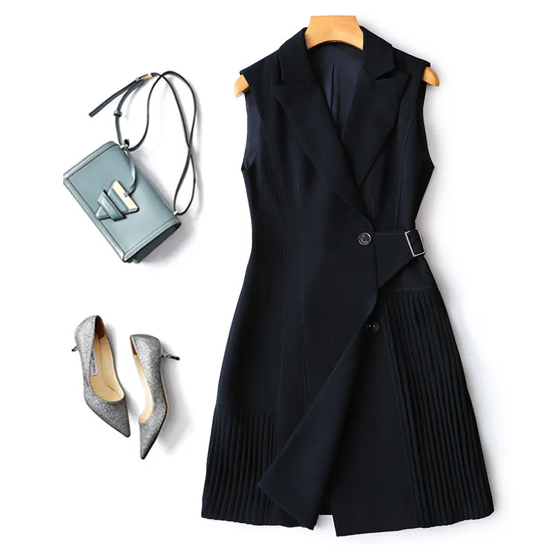 Europe Fashion Woman Autumn Dress High Quality Runway Designers Notched Collar Solid Navy Blue Blazer Vest Dress Office Business - Цвет: Тёмно-синий