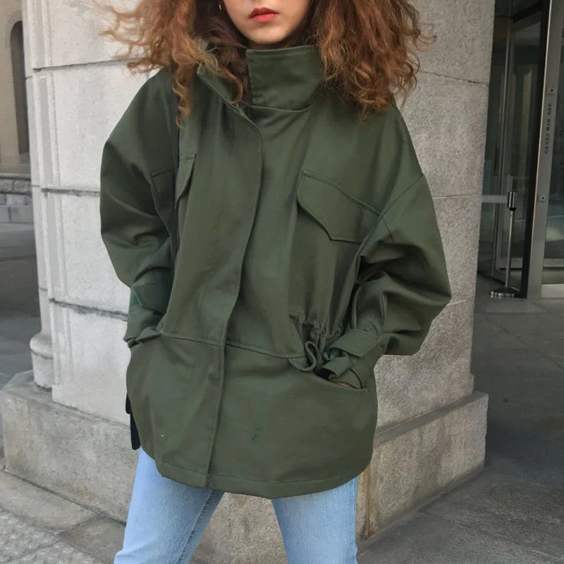 CHEERART зеленая военная куртка женская с воротником-стойкой, свбодная куртки на кулиске пальто осенняя армейская осенняя куртка одежда