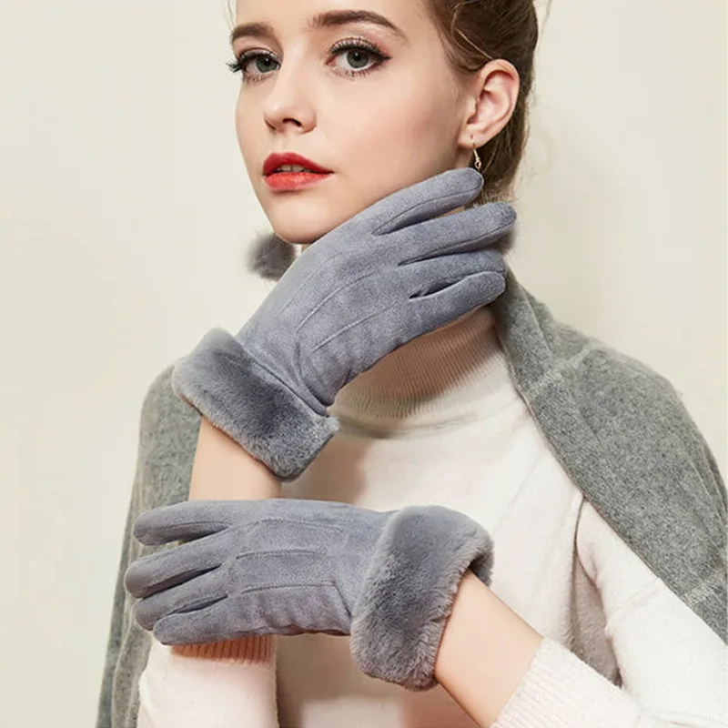 Зимние женские теплые кашемировые перчатки с милым бантом, двойные плюшевые женские перчатки для вождения