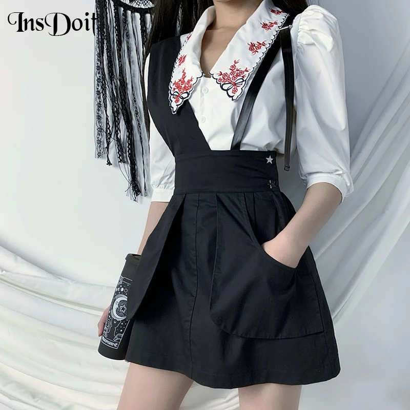 

InsDoit Punk Mini Skirt Women Gothic Sexy Mini Skirt Streetwear Harajuku Cargo Skirts Strap High Waist Zipper Collage Skirts