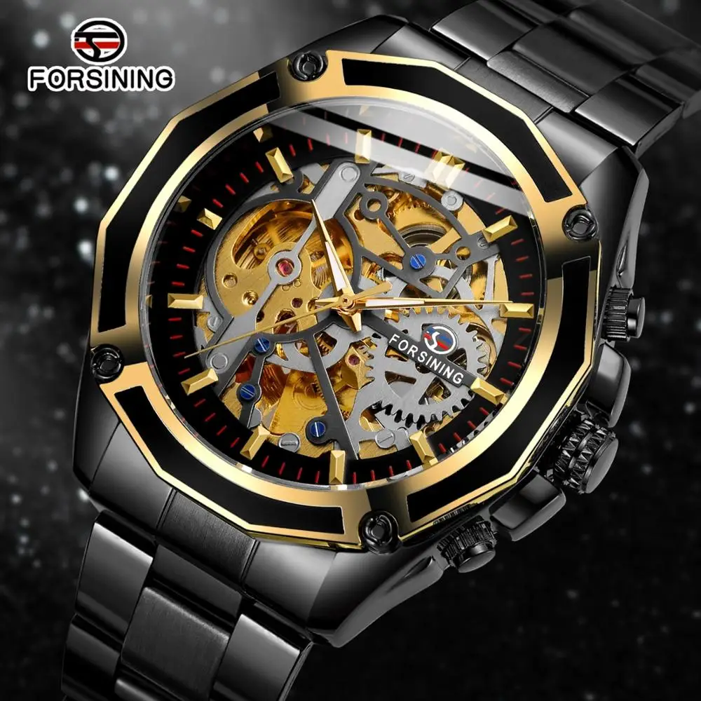 

Forsining Transparent Case Gear Movement Steampunk Men Automatic Skeleton Watch Top Brand Luxury Open Work Design Self Winding