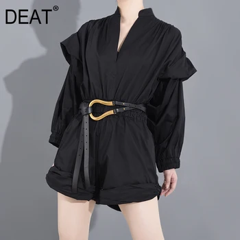 

DEAT 2020 New Summer Lantern Sleeves Stand Collar V-neck Short Big Thigh Waist Adjustment Pleated Jumpsuit WL68501S