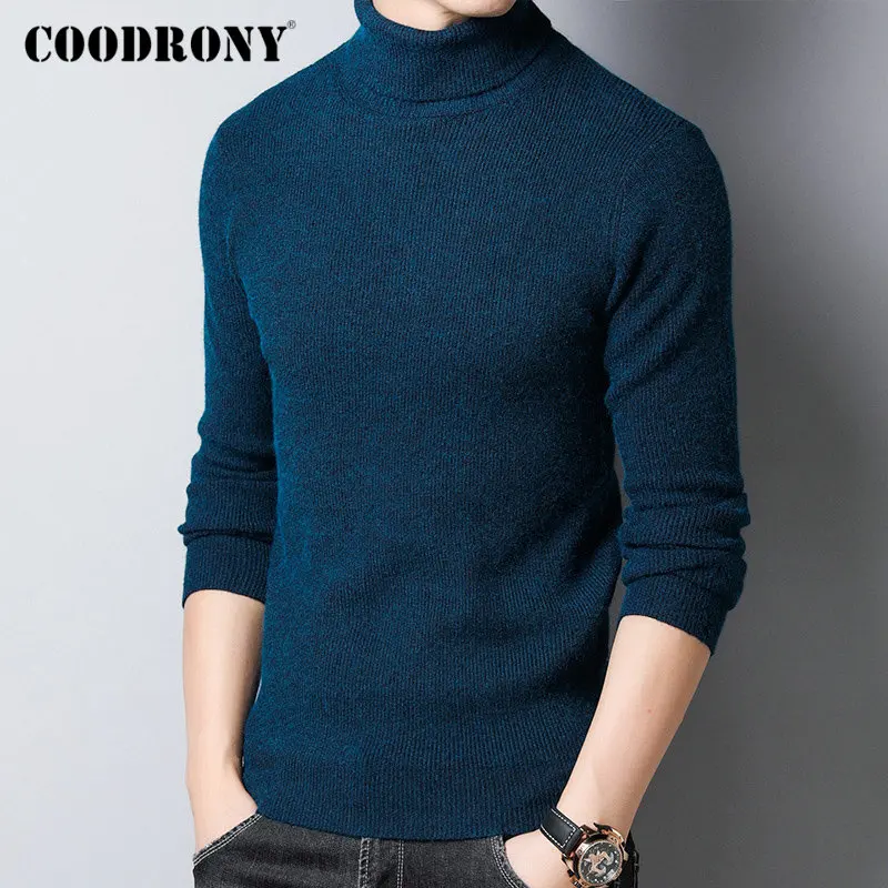 Blue Green COODRONY свитер для мужчин Уличная мода трикотаж кашемир водолазка Pull Homme осень зима толстый теплый шерстяной пуловер для мужчин 91099 - Цвет: Blue Green