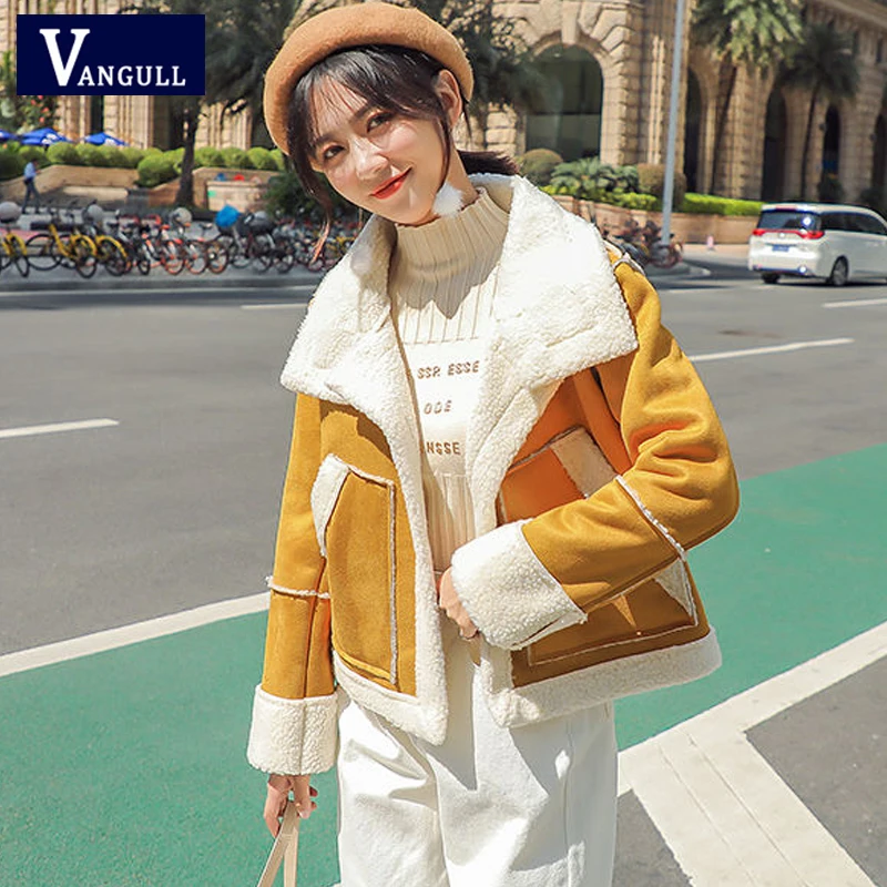 

Vangull Winter Suede Women Jackets Spliced Warm Lamb Cashmere Leather Jacket 2019 New Casual Long Sleeve Thick Short Outerwear