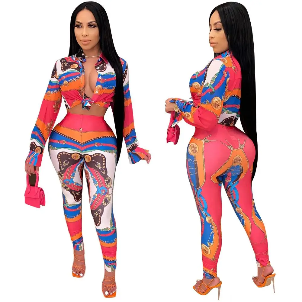 

Belt Print Multi Colour Casual Long Sets Women Turn-down Collar Long Sleeve Shirts Blouses+elastic Pants Female 2 Piece Set