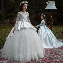 Princess White Flower Girls Dress for Wedding Ball Gown Bow Knot Sash Long Sleeve Holy First Communion Dresses