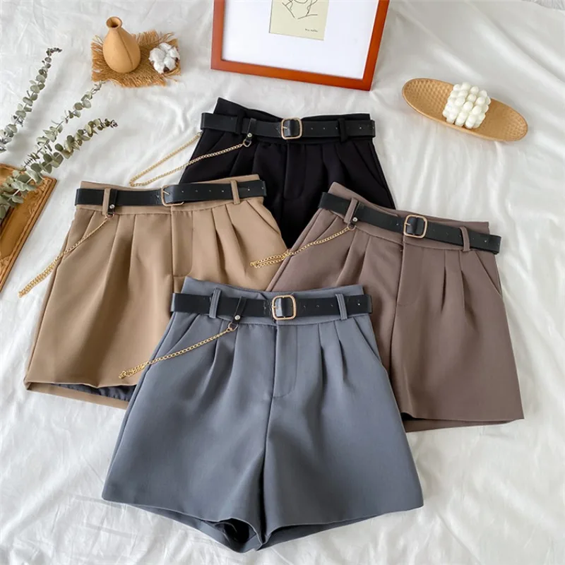 

Streetwear High Waist Shorts Women Summer Autumn Wide Leg Shorts with Chain Belt Office Lady Short Femme