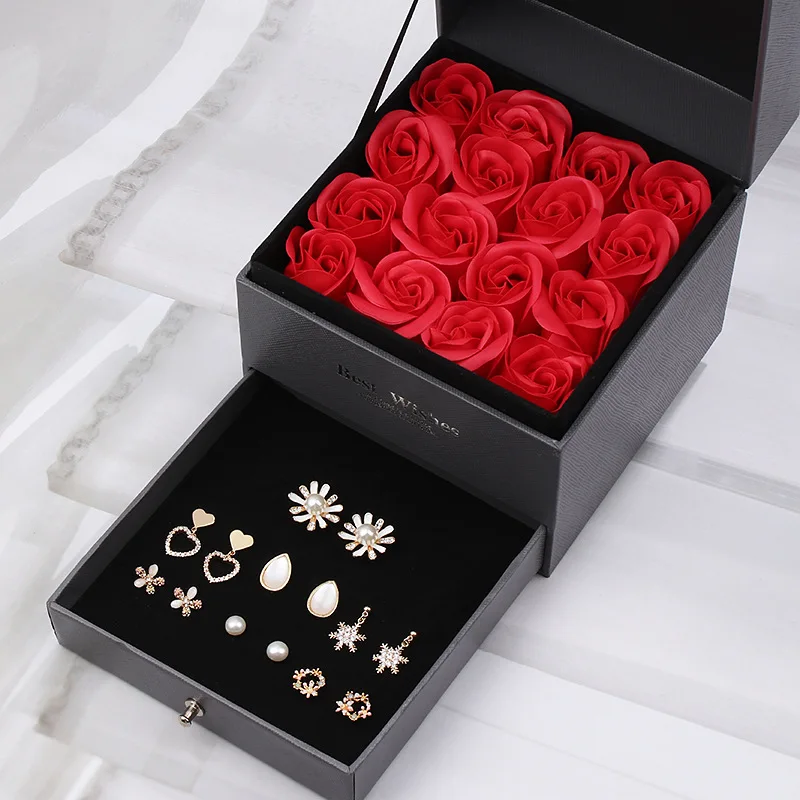 

Fashion Luxury Lady women 925 Silver Stud Geometric Earrings Party Dress Jewellery Girl Soap flower Gift Set With Box&Fast ship