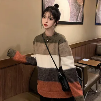 

2020 Autumn & Winter New Arrival Chic Loose Color Matching Stripes Sweater Long Sleeve Pullover Knit Sweater Free Shipping