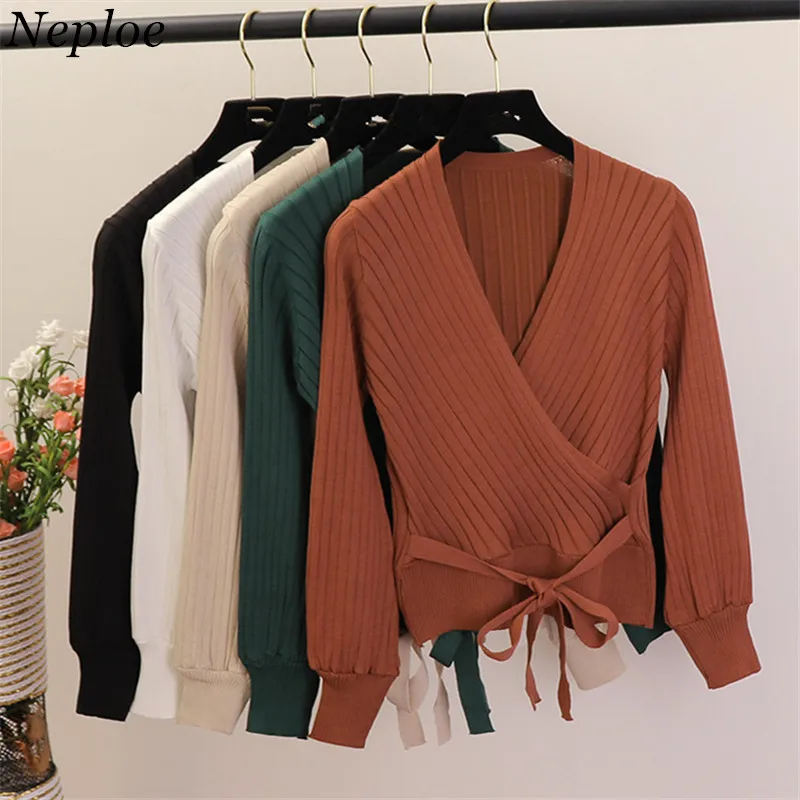 Neploe V-Neck Sexy Solid Sashes Women Sweater Knitted Casual Slim Office Lady Pullover 2020 Auttum Winter New Sueter Mujer 69212 | Женская