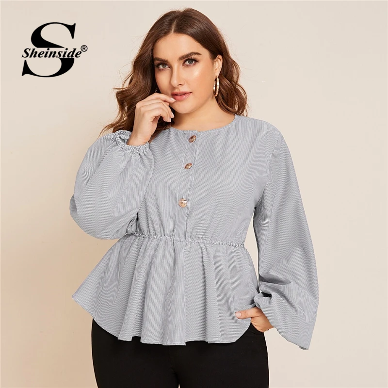 

Sheinside Plus Size Grey Front Button Detail Stripe Print Blouse Women 2019 Autumn Lantern Sleeve Blouses Ladies Flared Top