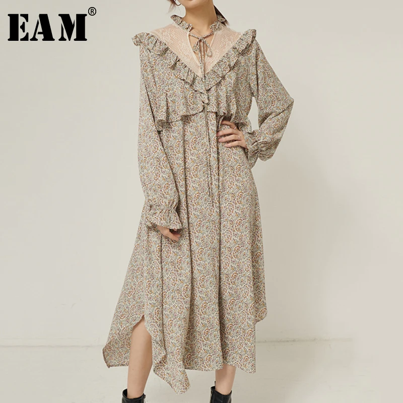 

[EAM] Women Ruffles Split Pattern Printed Midi Dress New V-Neck Long Sleeve Loose Fit Fashion Tide Spring Autumn 2020 1S312