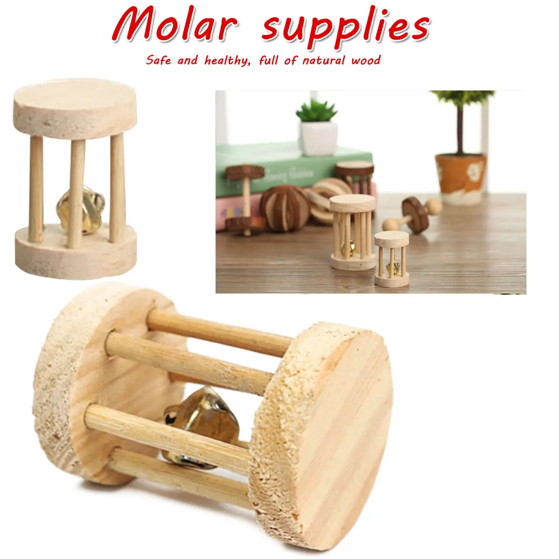 

Cute Natural Wooden Rabbits Toys Pine Dumbells Unicycle Bell Roller Chew Toys for Guinea Pigs Rat Small Pet Molars Supplies