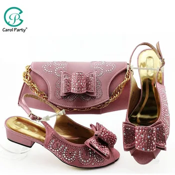 

Pink Color African Women Matching Italian Shoes and Bag Set Decorated with Rhinestone Italian Ladies Shoe and Bag