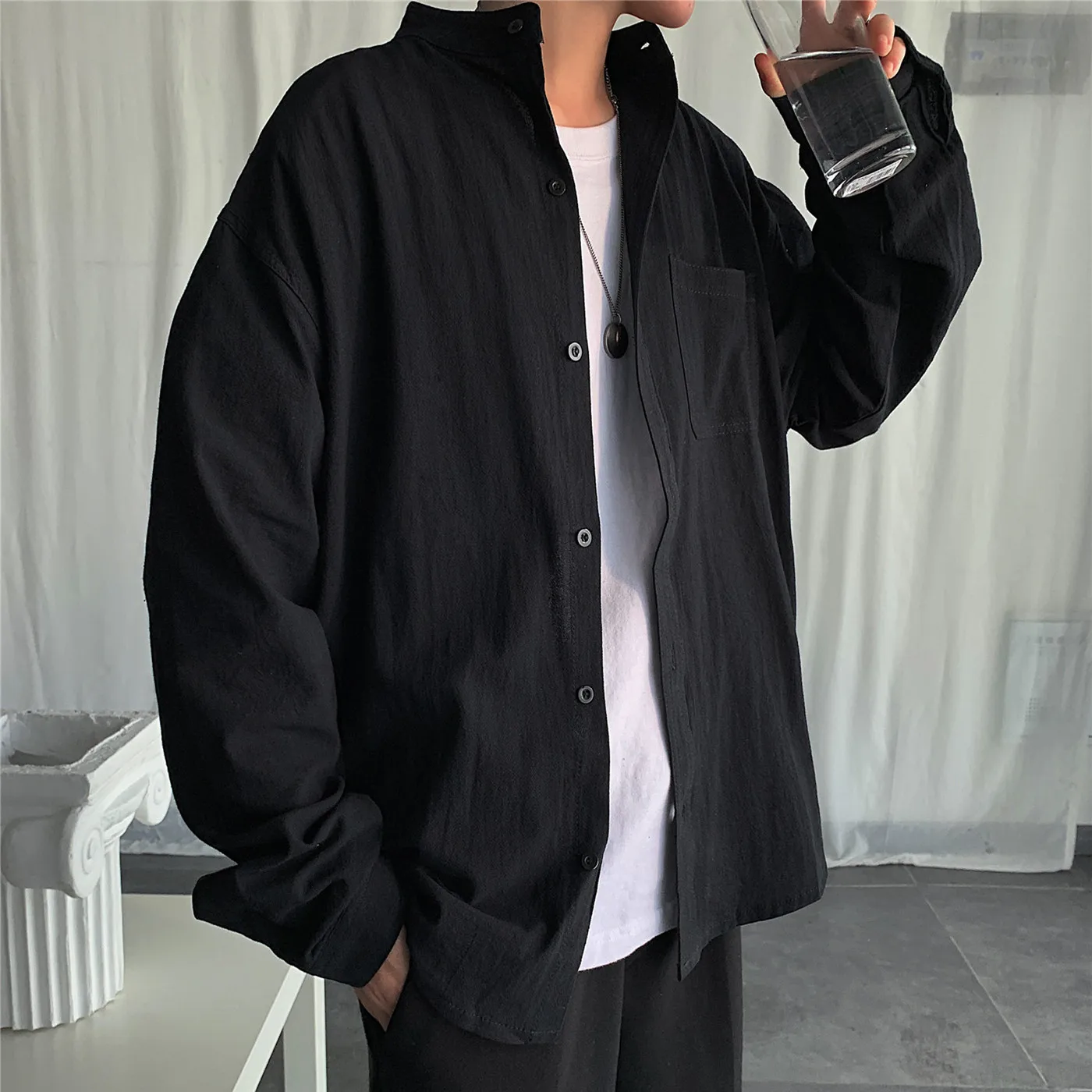 Privathinker хлопковые осенние корейские Для мужчин рубашки в полоску карманы Slim Fit Для мужчин свободного кроя, воротник-стойка, воротник-стойка; сезон весна-осень уличные Стиль Топы - Цвет: Black(AsianSize)