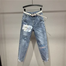 Ремесло печати джинсы с бусинами осень новые весенние Для женщин Высокая талия отверстие свободные Гарлем-брюки тенденция