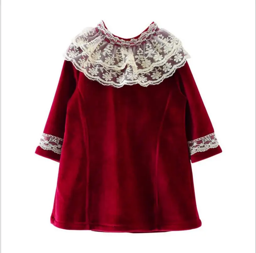 Одежда для маленьких девочек рождественское платье красные бархатные кружевные платья принцессы для девочек зимнее утепленное детское праздничное платье милый костюм для девочек