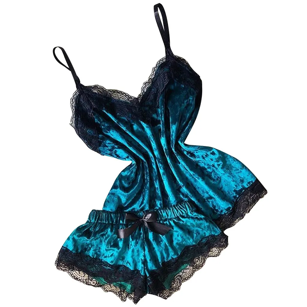 Women Sexy Lingerie Camisole Bow Shorts V-Neck Tops Velvet Honeymoon Pajamas Sleepwear JAYCOSIN Four Season