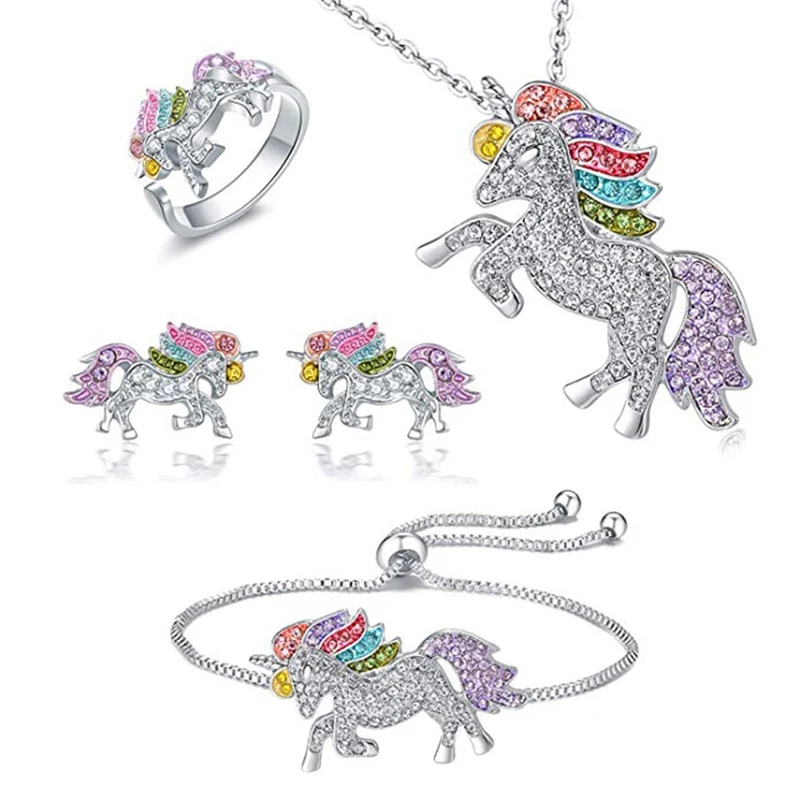 Cartoon Colorful Unicorn Necklace Earrings Bracelet Set Valentine's Day Gift Jewelry