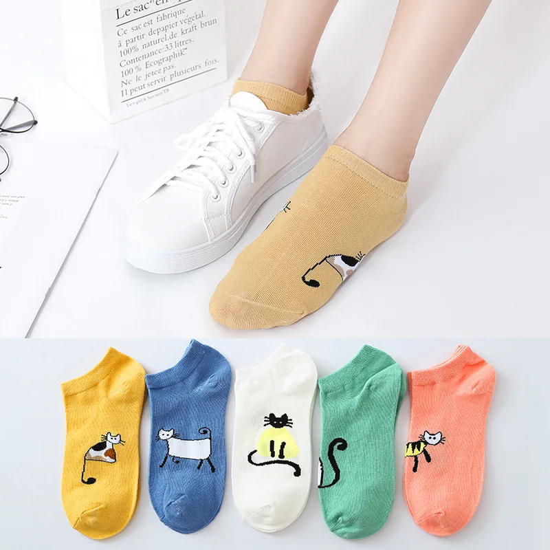 5 пар хлопковых носков с милыми животными женские летние короткие носки с котом и собачкой женские повседневные Мягкие забавная лодка носки