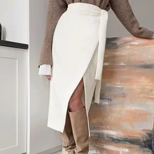 Элегантная замшевая Женская юбка средней длины, Осень-зима, Необычные Юбки с разрезом, женские плотные теплые, женские офисные юбки на шнуровке