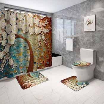 

4PCS Set Bathroom Carpet Rugs Bath Mat Waterproof Shower Curtain Set Absorbent Mat Toilet Mat Shower Non Slip Carpet Mats