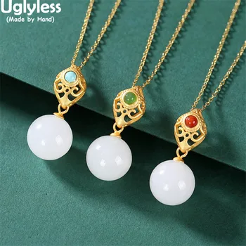 

Uglyless Simple Gemstones Balls Pendants Necklaces for Women Fashion Ethnic Dress Necklaces + Chains 925 Silver Hollow Patterns