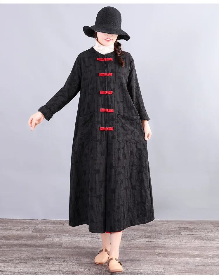 Ethnic-Style Loose-Fit Jacquard Cotton Linen Frog Crew Neck Long Sleeve Mid-length Trench Coat WOMEN'S Dress Autumn New Sty