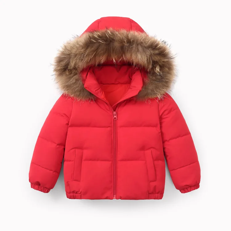 Новинка года, детская модная зимняя куртка зимнее пальто для маленьких мальчиков и девочек Детские теплые пуховые пальто с капюшоном и меховым воротником для детей 3 лет