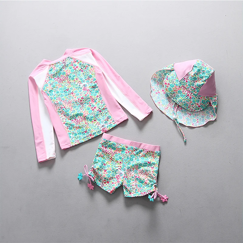 Pink Floral Sun Hat 3-Piece Girl Swimwear Children Toddler Baby Swimsuit Kids 2-Piece Swimming Long Sleeves Swim Wear Suit girls swimsuit