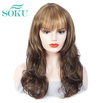 

Long Wavy Synthetic Wigs With Bangs SOKU African American Hair Wigs For Black Women Side Part Low Temperature Fiber Hair Wigs