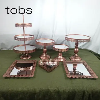 

1-7pcs Rose Gold Dessert Tray Cupcake Display Home Decoration Wedding Birthday Crystal Mirror Cake Stand