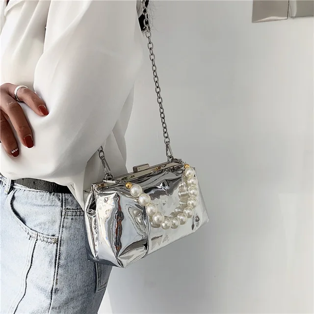 Pearl Chain Crossbody Bags for Women 2022 Trend Patent Leather Shoulder Bag Ladies Chain Fashion Luxury Designer Female Handbag 4
