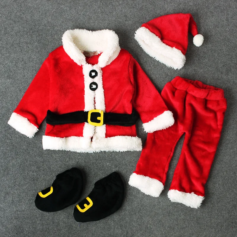 Winter Boys Girls Christmas Clothing Sets 4PCS Suits Thick Warm Santa Claus Costume Fleece Coats+Pants+Hat+Shoes Outfit Set